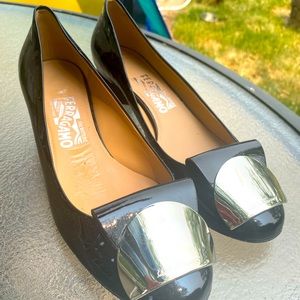 Ferragamo patent leather tear shaped heel. NEW